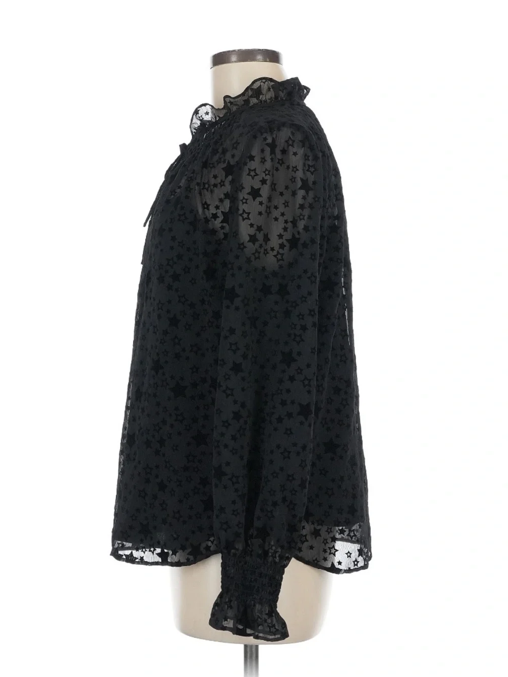 LOFT Black Star-Print Sheer Ruffle Tie-Neck Blouse - Picture 4 of 7